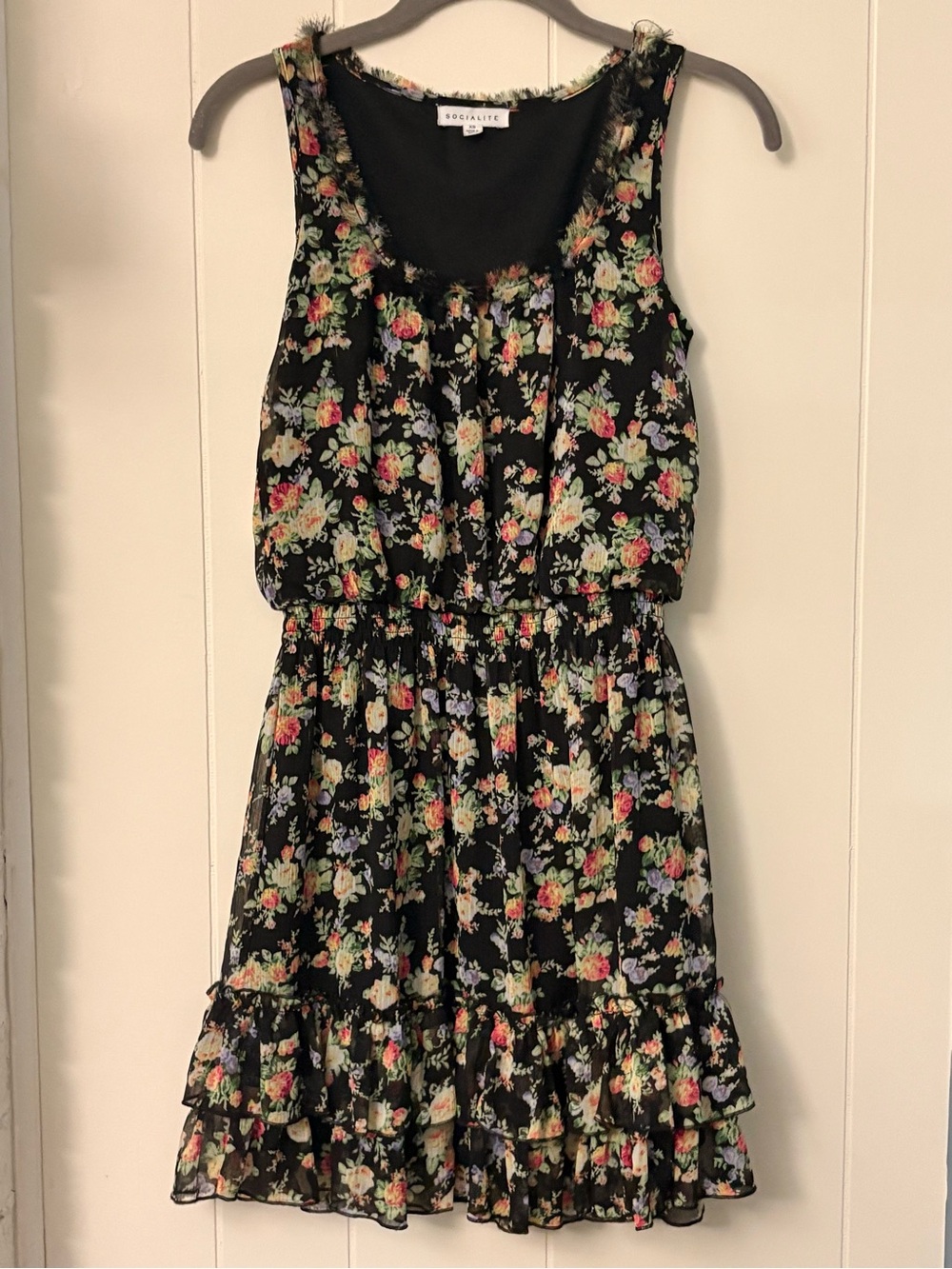 Socialite Black Floral Ruffle Sundress with Pastel Blooms